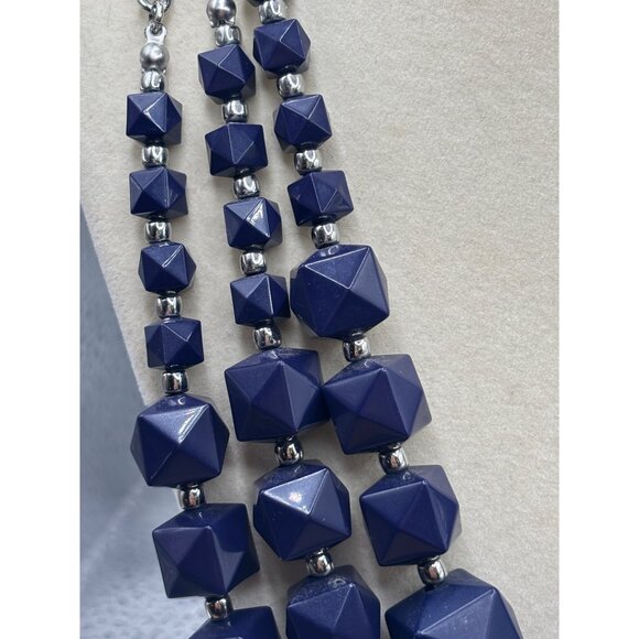Charming Charly Chunky Geometric Blue Beaded Statement Necklace on Silver Chain - Picture 3 of 11